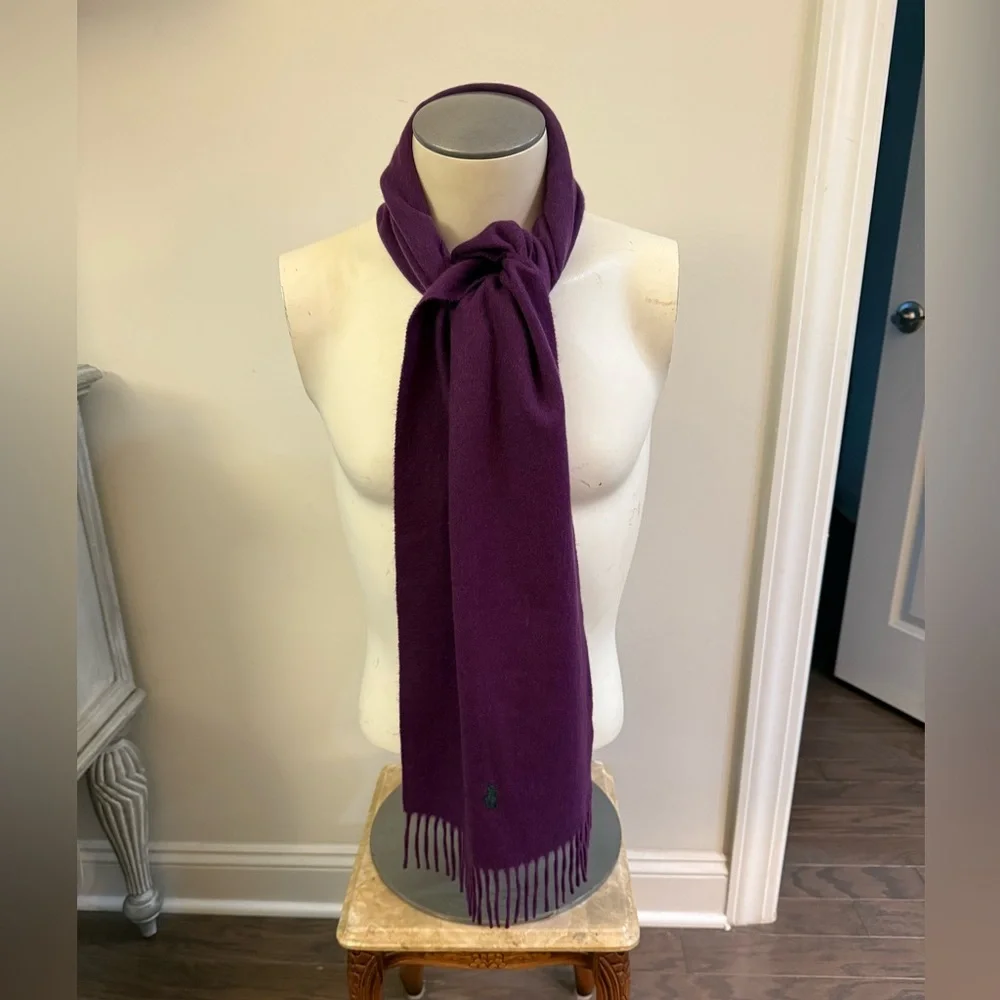 New! Polo Ralph Lauren 100% CASHMERE Fringe Purple Scarf Teal Green Pony
